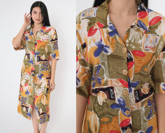 90s Abstract Floral Midi Shirt Dress Button Up Rayon Olive Green Yellow Large