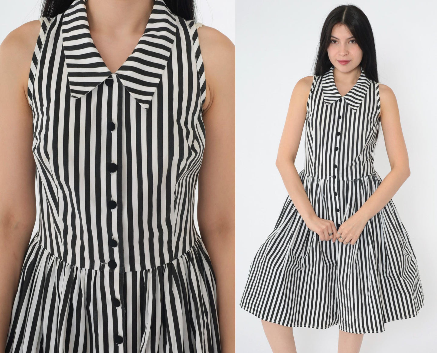 Y2K Black White Striped Shirtdress Knee Length Sleeveless High Waist Extra Small