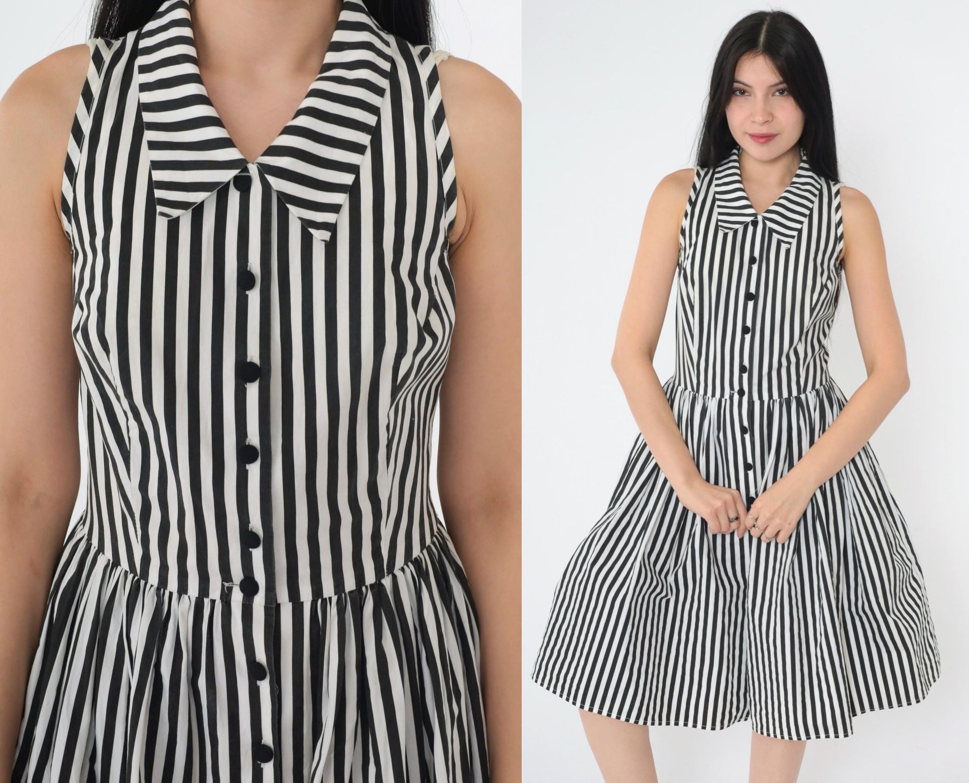 Y2K Black White Striped Shirtdress Knee Length Sleeveless High Waist Extra Small