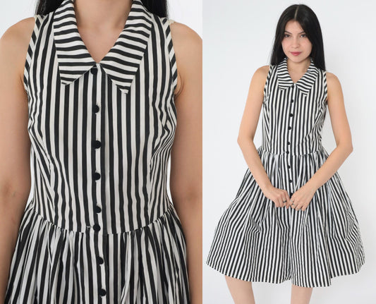 Y2K Black White Striped Shirtdress Knee Length Sleeveless High Waist Extra Small