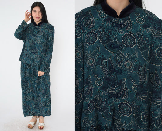 90s Blue Paisley Mandarin Collar Maxi Dress Puff Sleeve Frog Closure Medium Large
