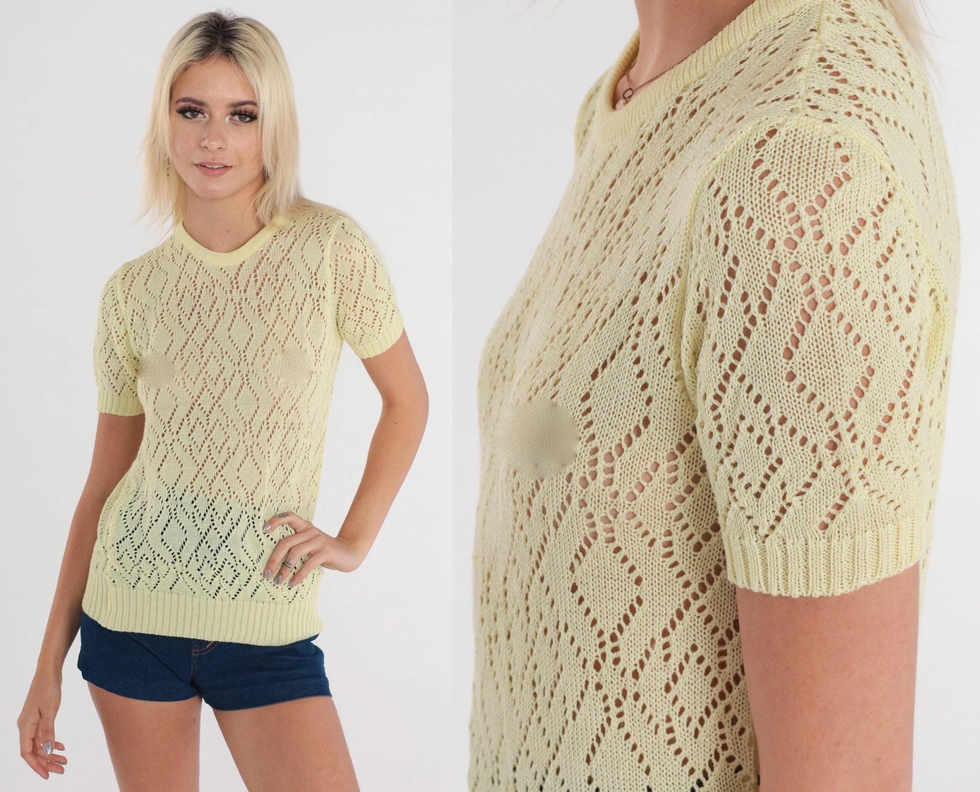 70s Yellow Pointelle Knit Top Short Sleeve Cutout Blouse Extra Small XS