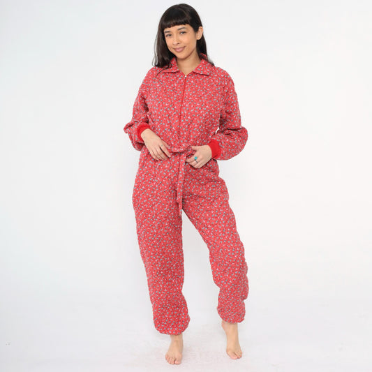 80s G. Caserotti Quilted Floral Jumpsuit Red Calico Raglan Pajama Medium Large