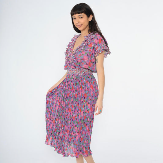 80s Diane Freis Floral Midi Dress Deep V Ruffle Cap Sleeve Purple Pink Small Medium