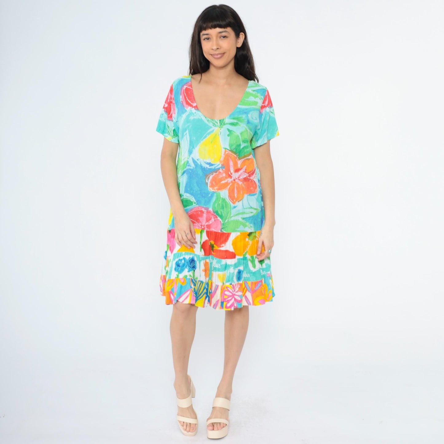 Jams World Tropical Watercolor Floral Dress Scoop Neck Tiered Skirt Extra Large