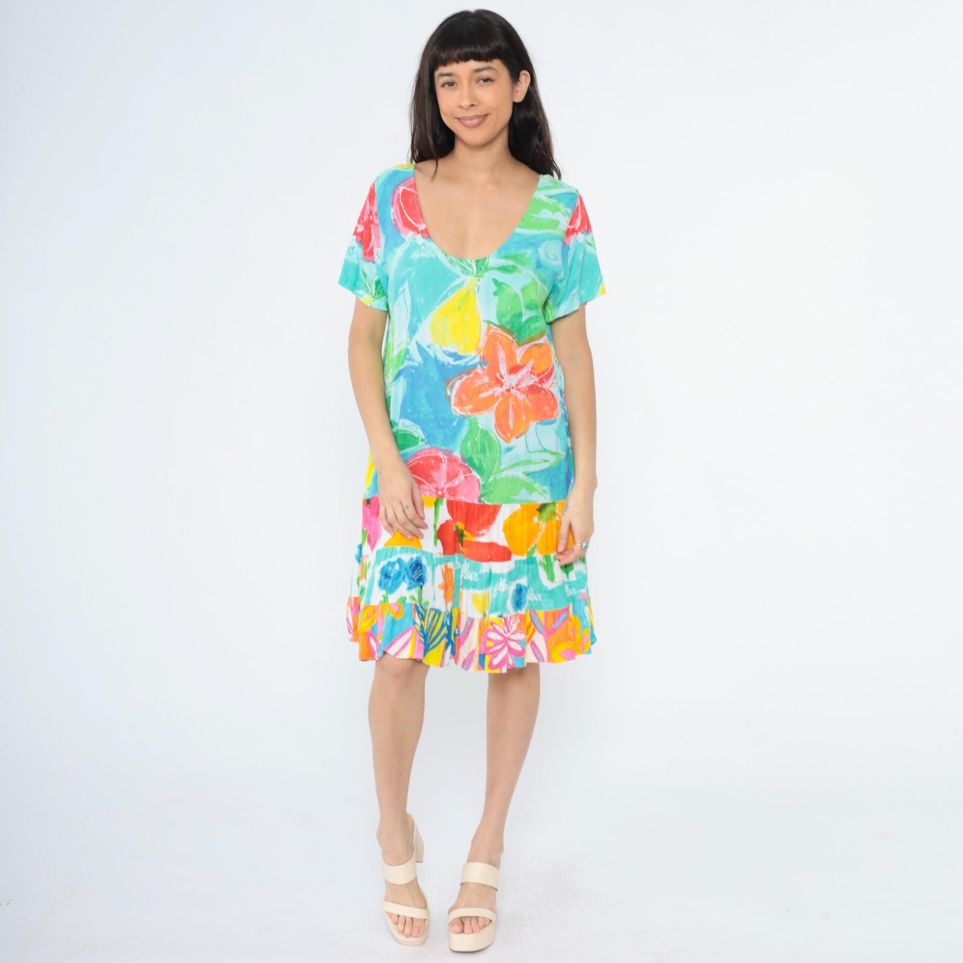 Jams World Tropical Watercolor Floral Dress Scoop Neck Tiered Skirt Extra Large