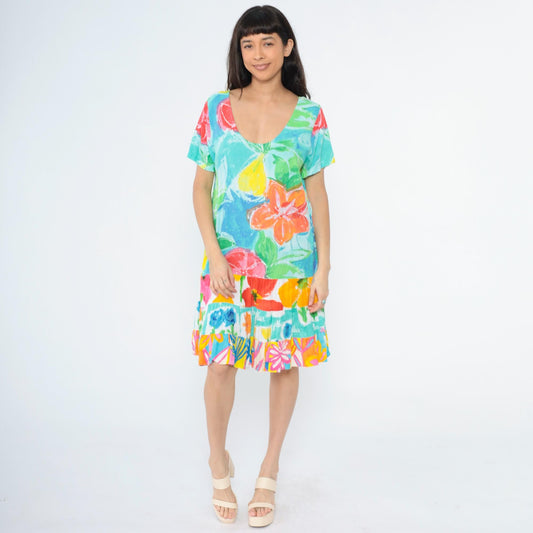Jams World Tropical Watercolor Floral Dress Scoop Neck Tiered Skirt Extra Large