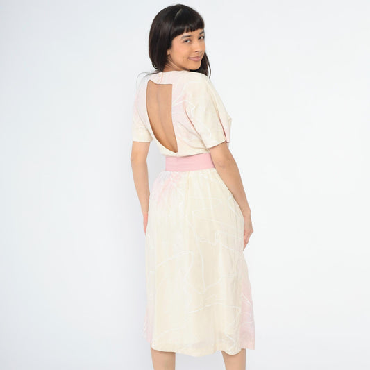 80s Pastel Floral Midi Dress Keyhole Back High Waist Belt Pink Yellow Small