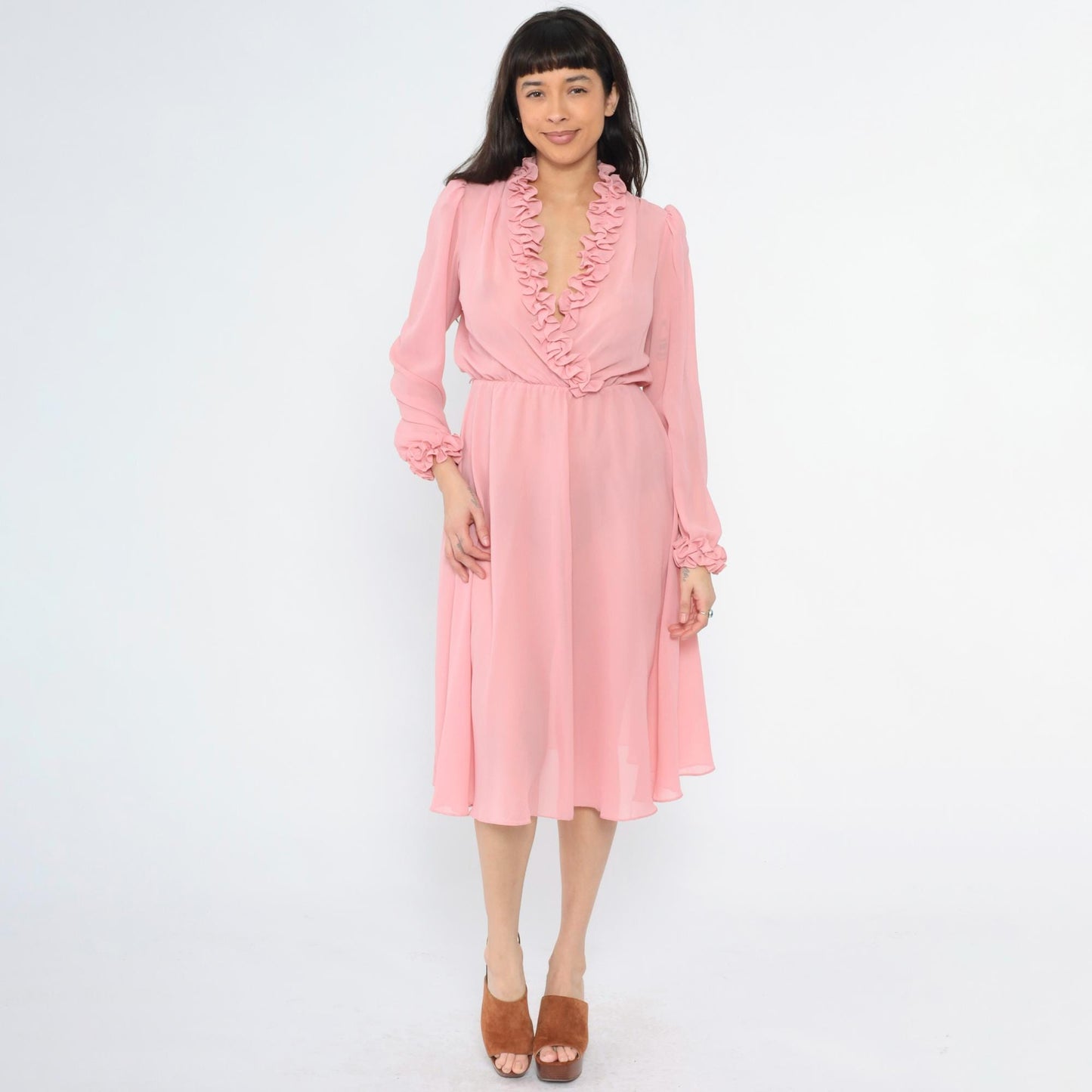 70s Ursula of Switzerland Pink Ruffle Midi Dress V-Neck Long Sleeve Medium M
