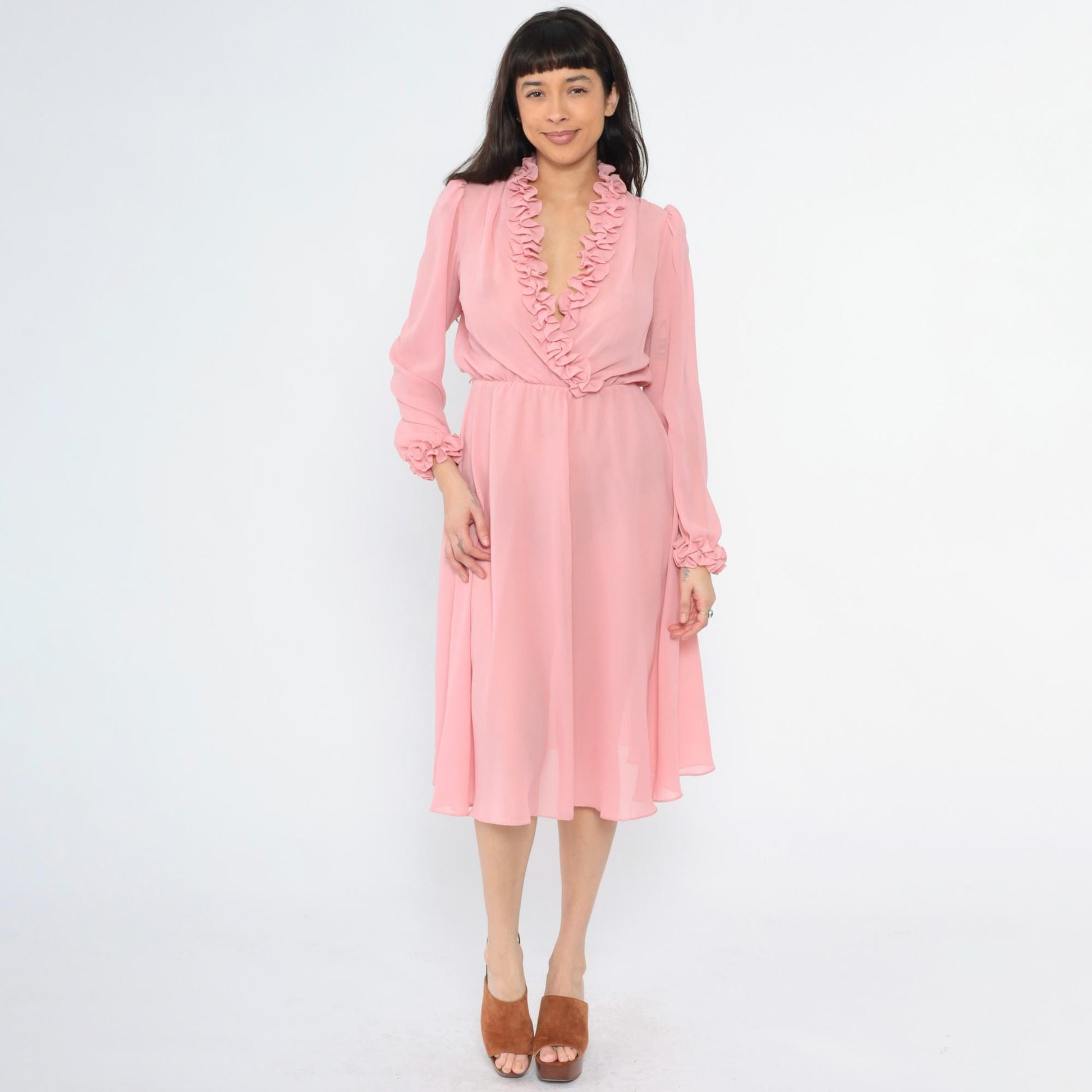 70s Ursula of Switzerland Pink Ruffle Midi Dress V-Neck Long Sleeve Medium M