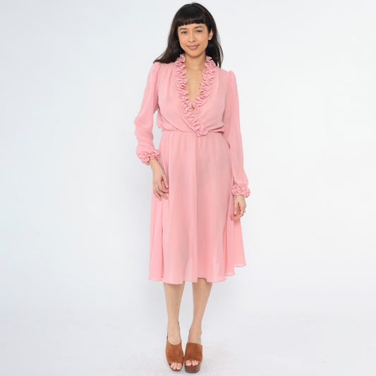 70s Ursula of Switzerland Pink Ruffle Midi Dress V-Neck Long Sleeve Medium M