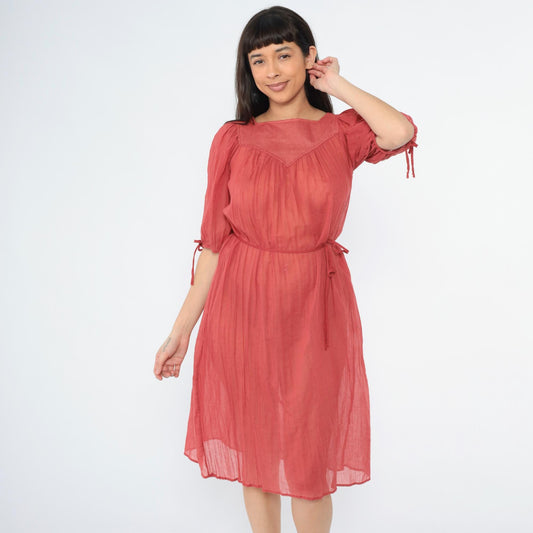 70s Red Cotton Gauze Trapeze Dress Puff Sleeve Midi Small Medium