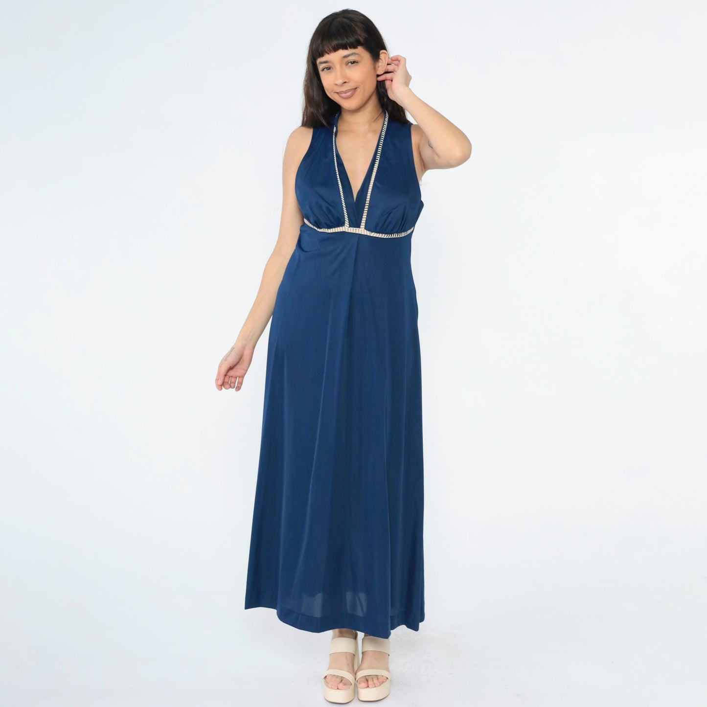70s Vanity Fair Dark Blue Nylon Maxi Slip Dress Empire Waist Cutout Medium