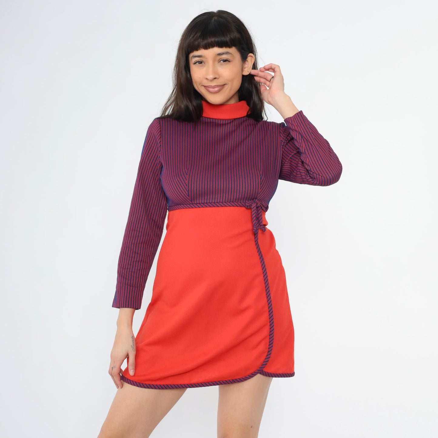 60s Mod Mini Dress Red Blue Striped Empire Waist Mock Neck Small