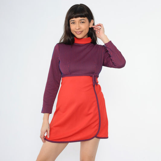 60s Mod Mini Dress Red Blue Striped Empire Waist Mock Neck Small