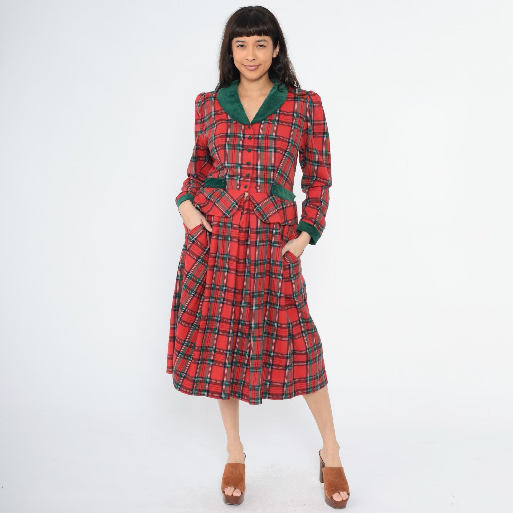 80s Lanz Originals Red Tartan Velvet Trim Peplum Midi Dress Medium 8