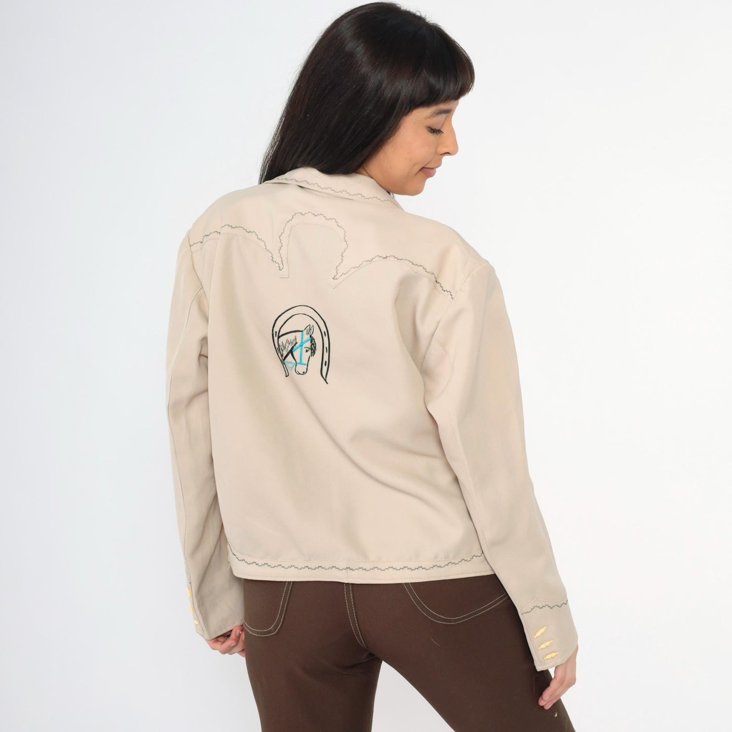 70s Western Jacket Beige Embroidered Horse Toggle Button Menswear Large