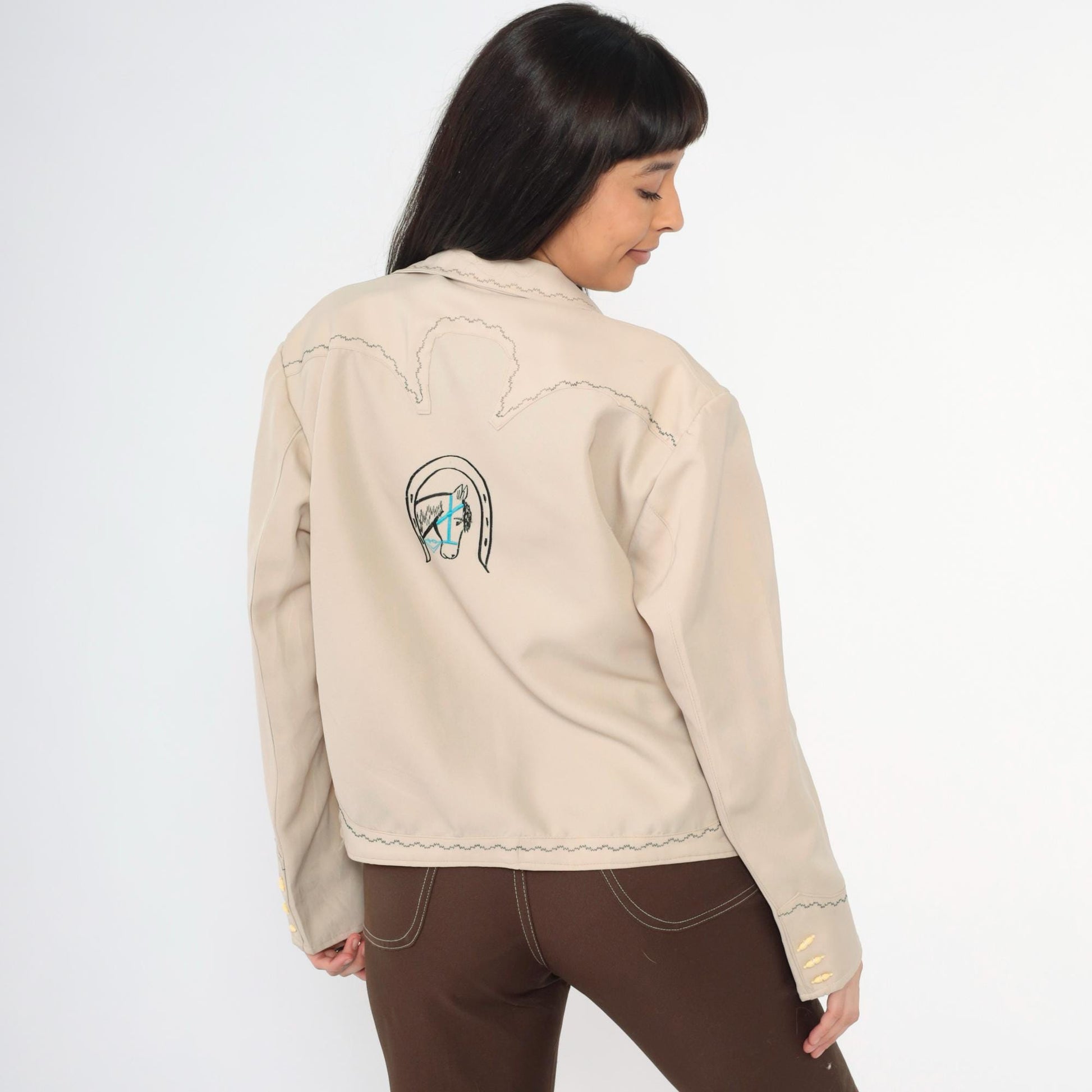 70s Western Jacket Beige Embroidered Horse Toggle Button Menswear Large