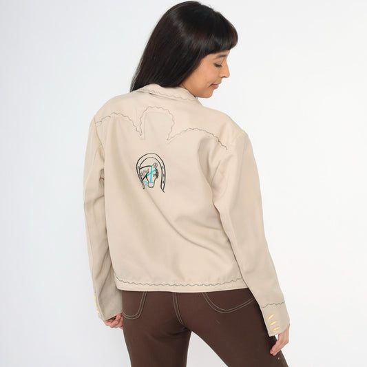 70s Western Jacket Beige Embroidered Horse Toggle Button Menswear Large