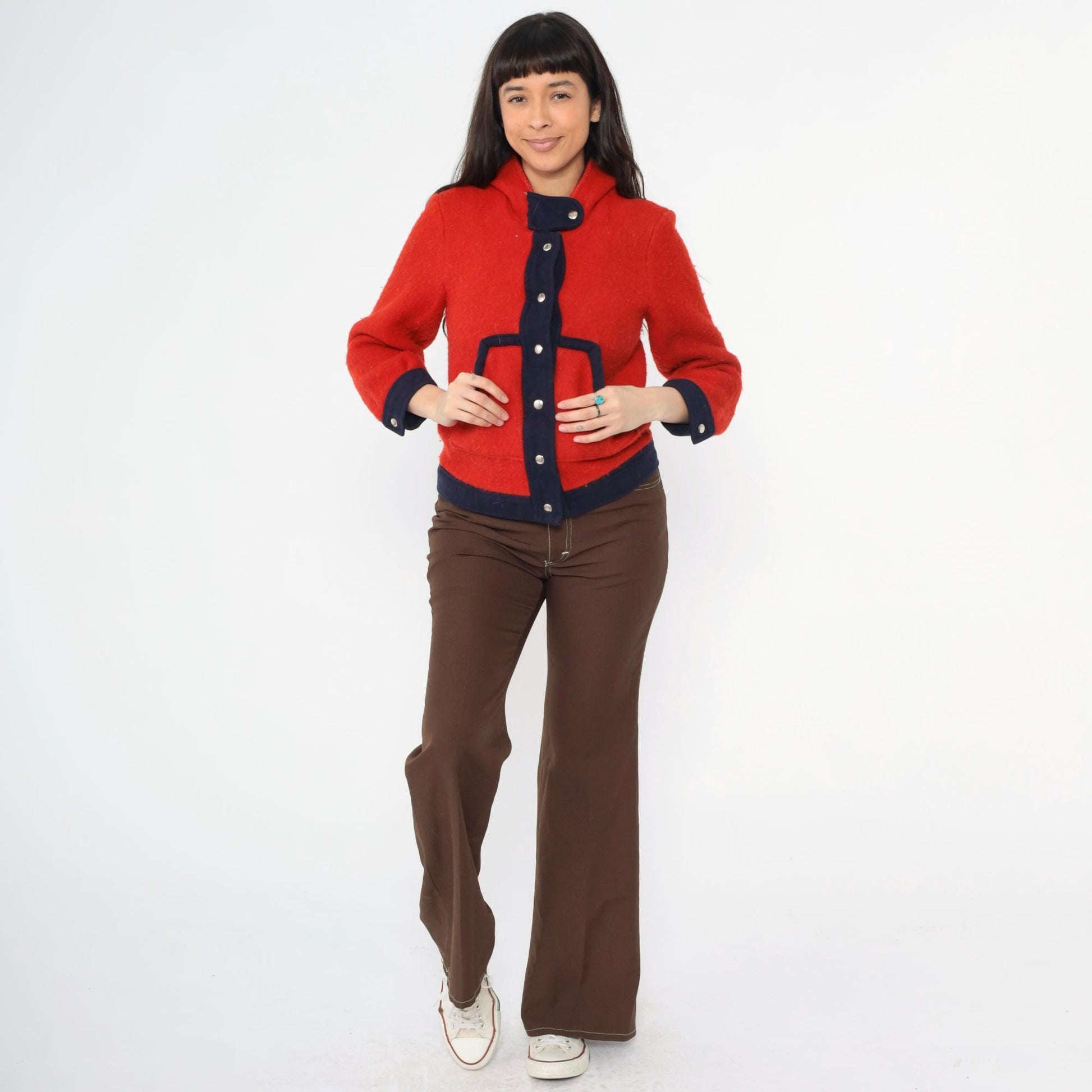 1970s Red Wool Hooded Jacket Navy Contrast Trim Snap Front Cropped Extra Small