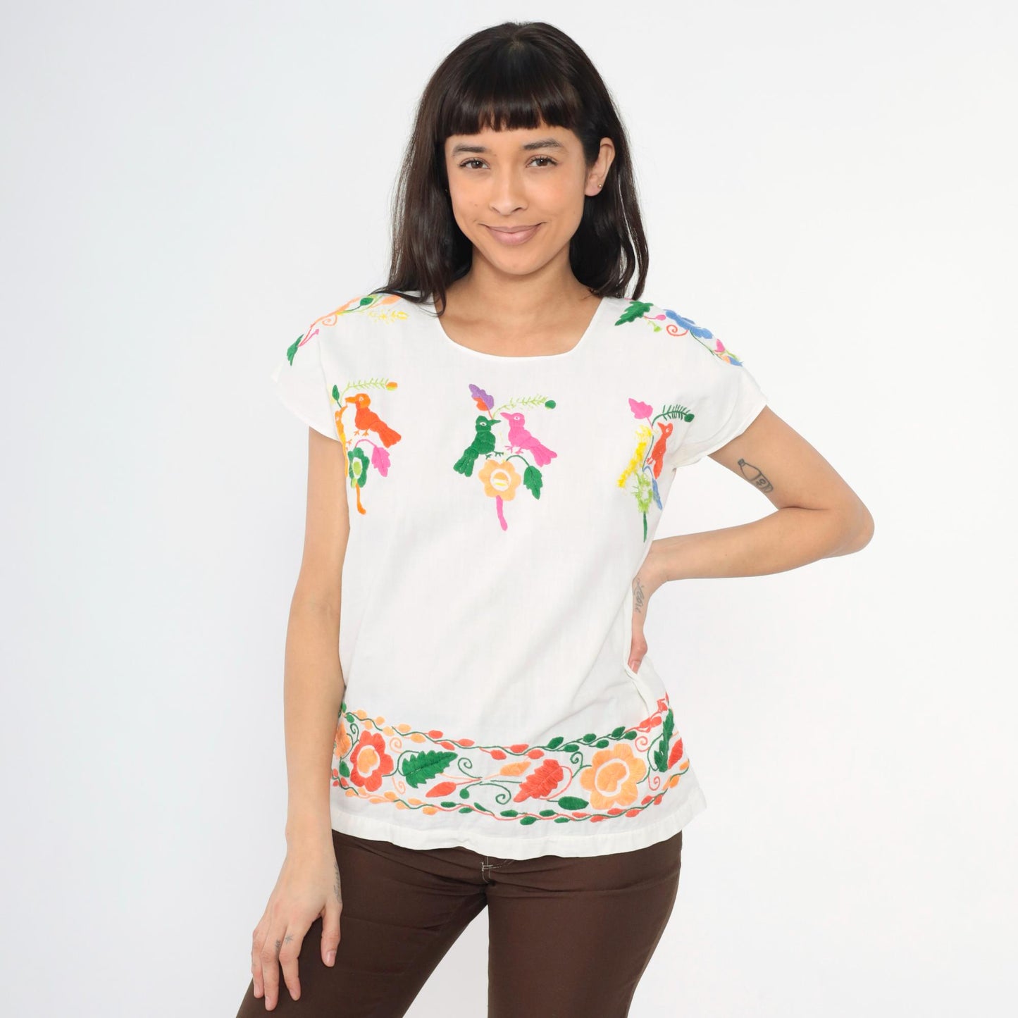 80s Mexican Embroidered Bird Blouse White Cotton Tunic Medium M