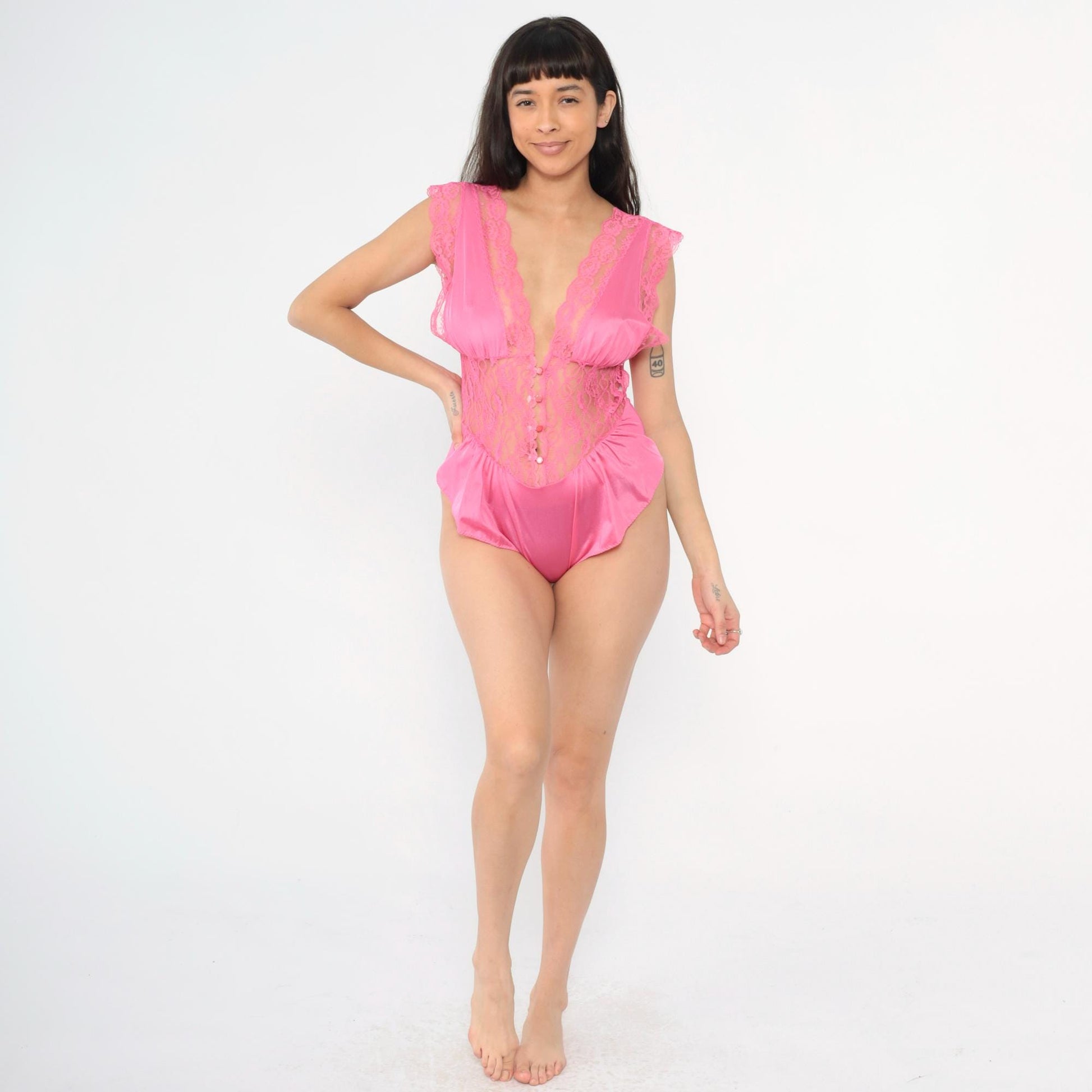 80s Adrian Roberts Pink Lace Teddy Deep V Neck Open Back Small