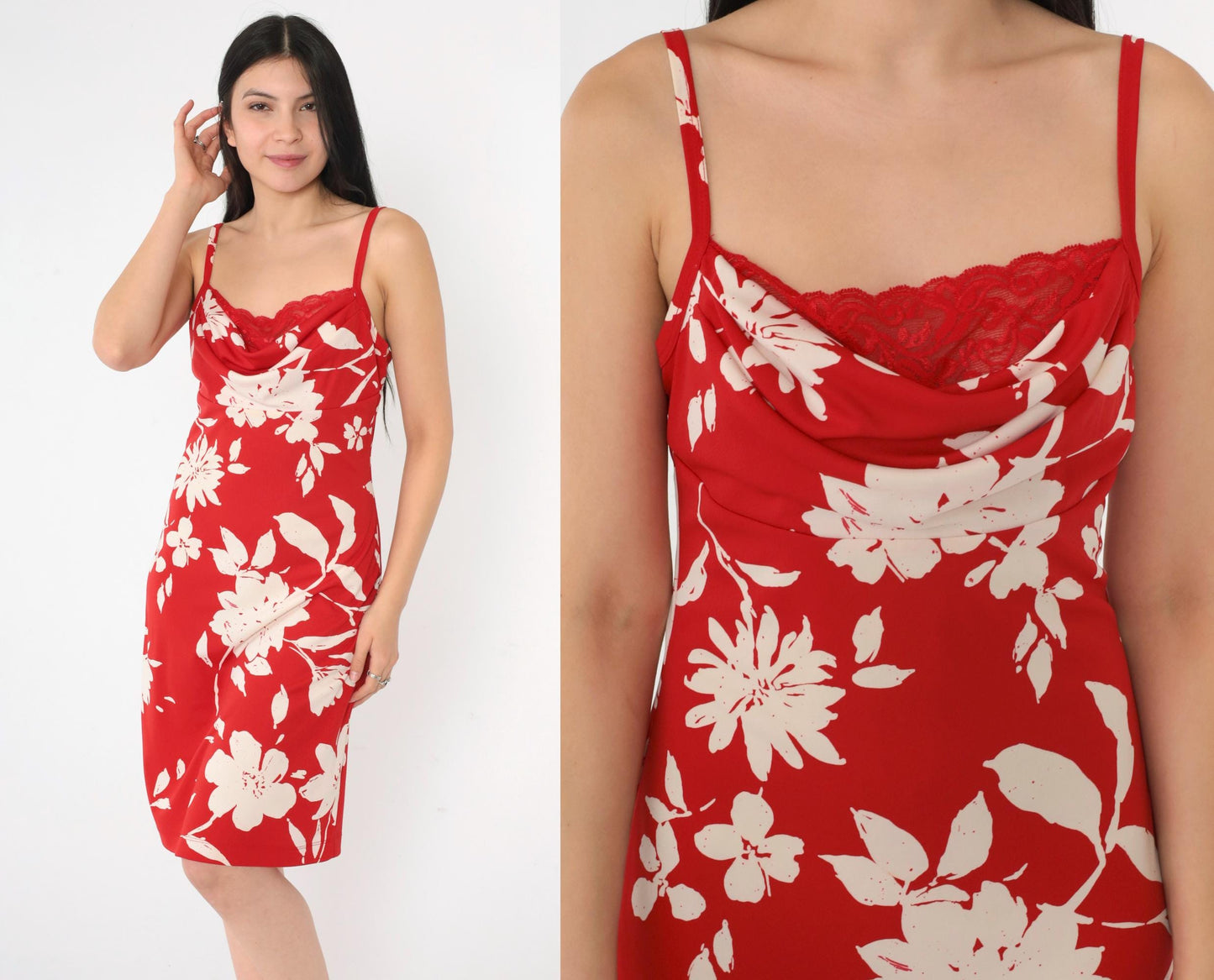 Y2K Red Floral Midi Dress Cowl Neck Lace Bust Spaghetti Strap Small