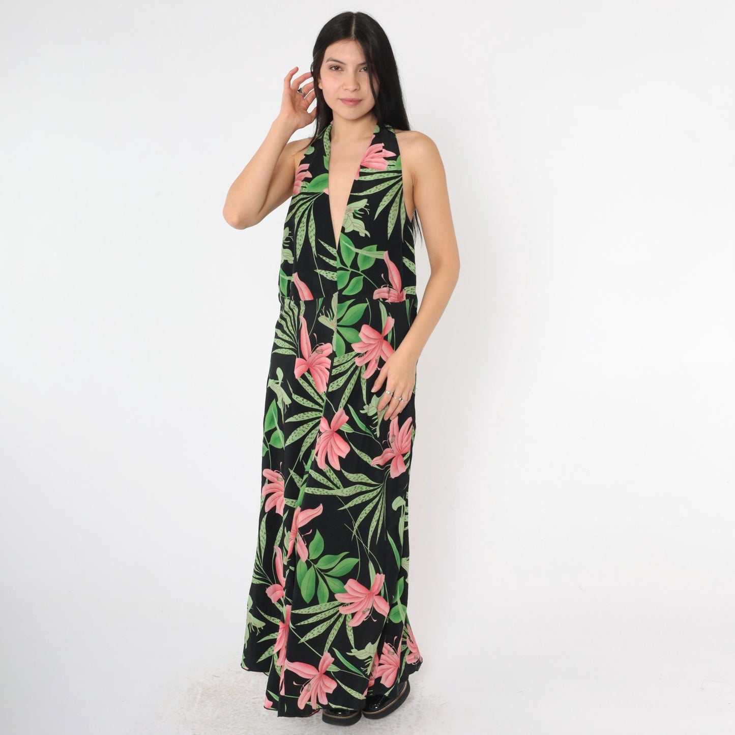 00s Ashley Stewart Floral Halter Maxi Dress Black Pink Green Plunge Neck Plus Size 20