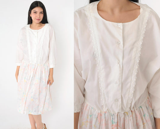 80s White Floral Midi Shirtdress Lace Trim High Waist Button Front Large L