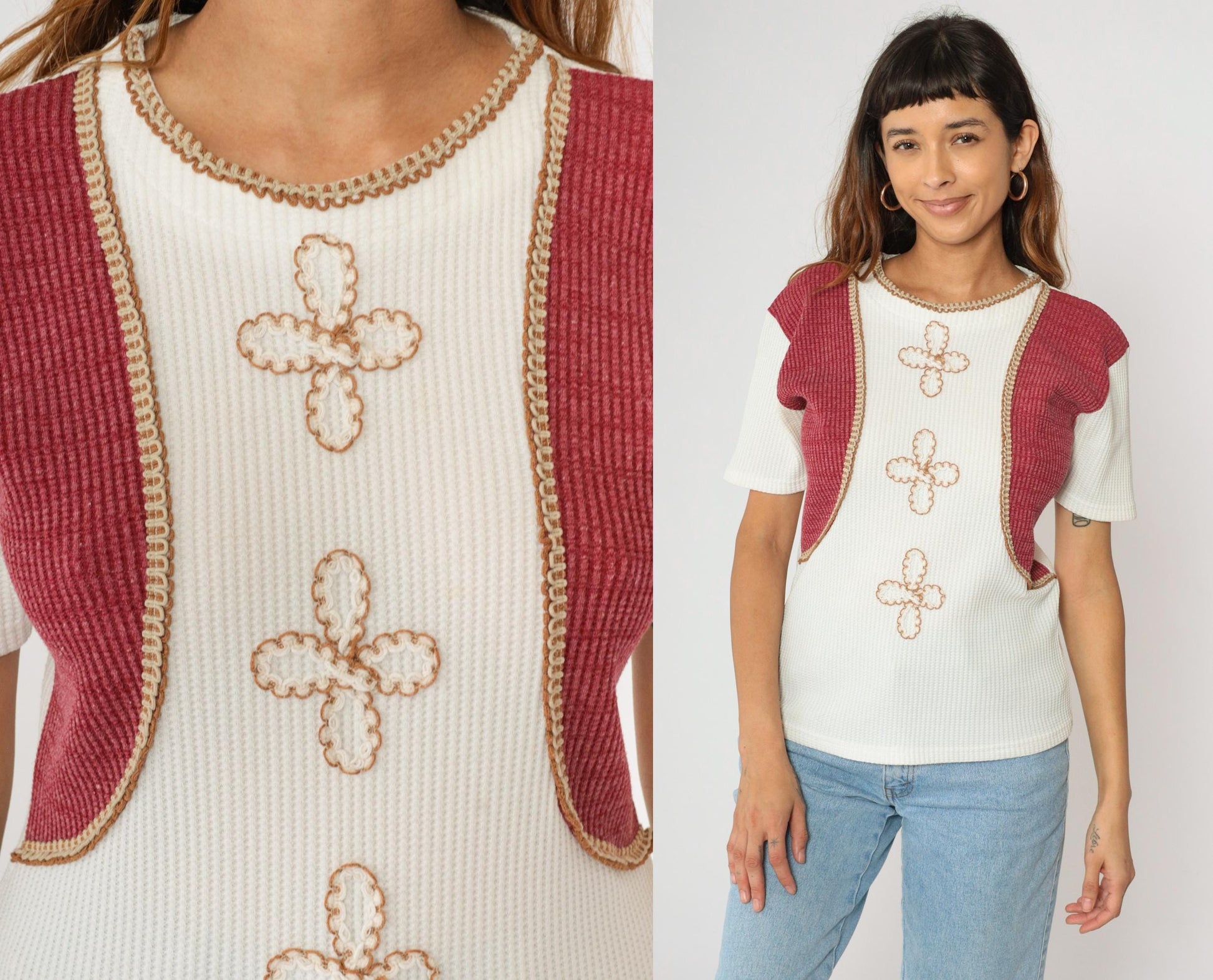 90s White Burgundy Floral Embroidered Knit Top Short Sleeve Medium M