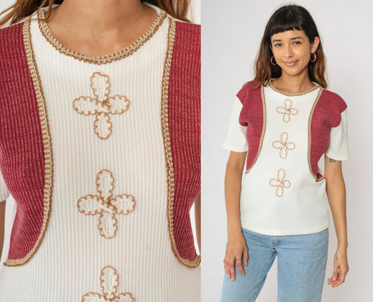 90s White Burgundy Floral Embroidered Knit Top Short Sleeve Medium M