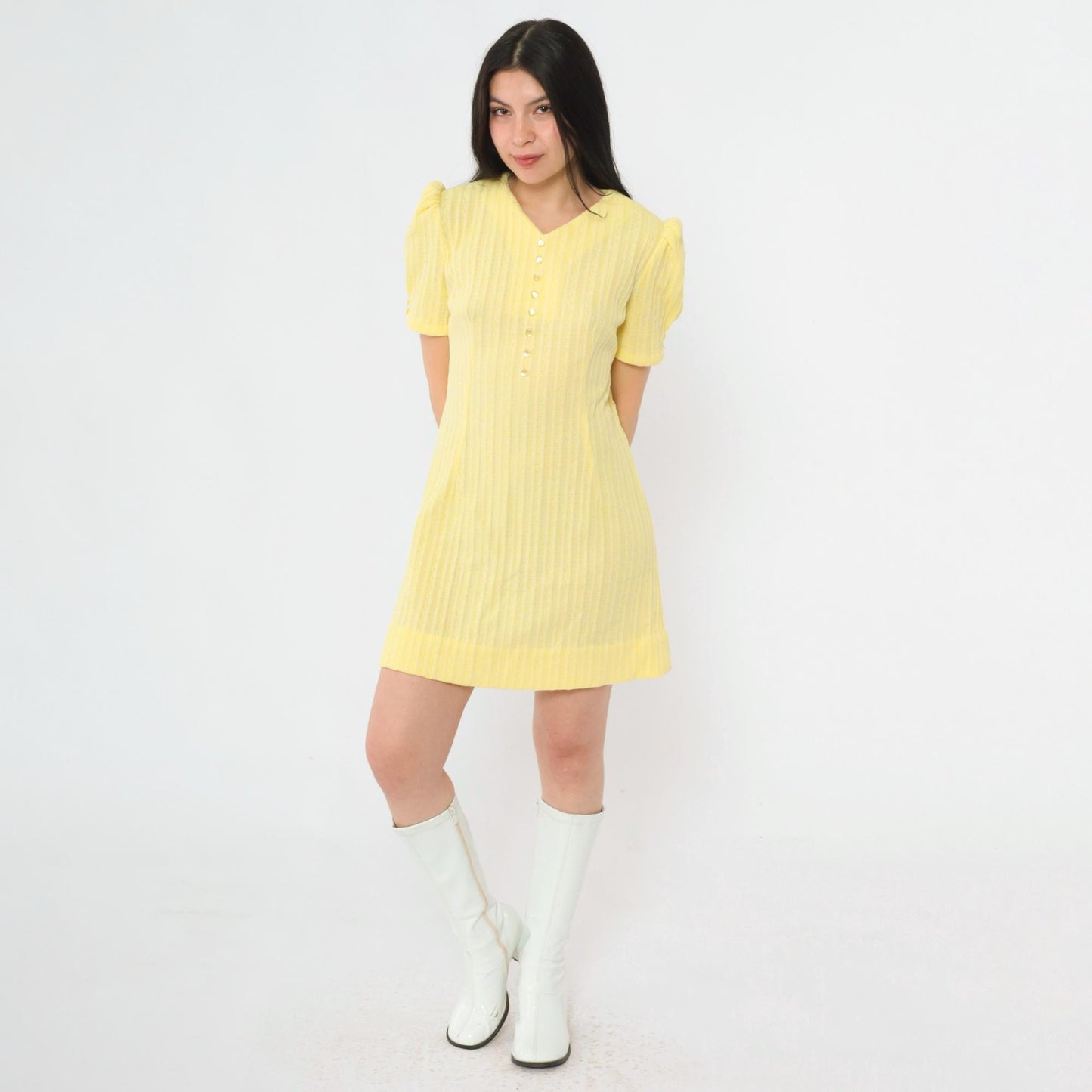 60s Yellow Ribbed Knit Mini Dress Puff Sleeve Shift Small Medium