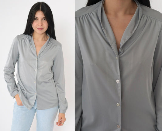 80s Grey Button-Up Blouse Long Sleeve Collared Shirt Medium M