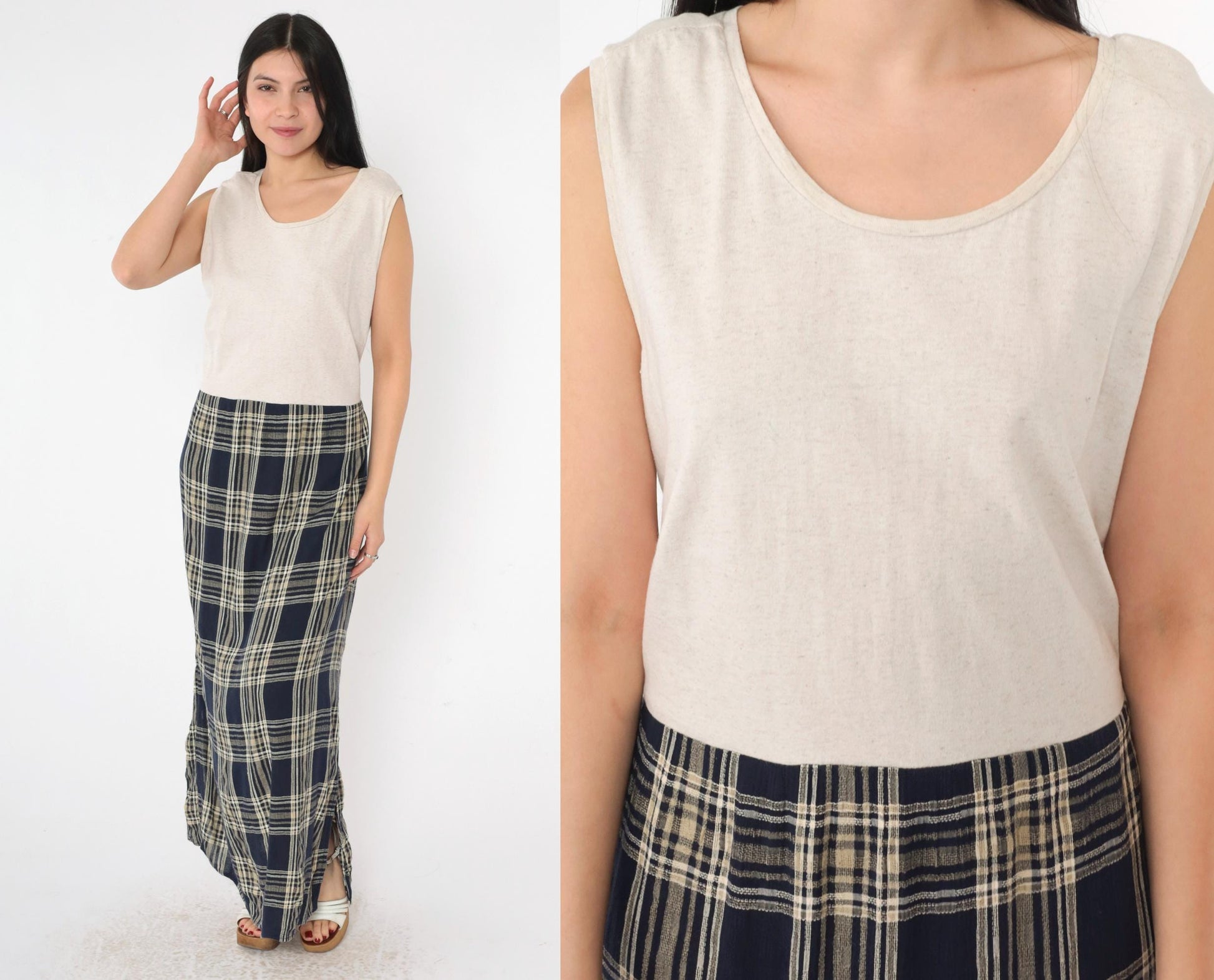 90s Jessica Howard Navy Checkered Maxi Dress Beige Bodice Drop Waist Medium Large