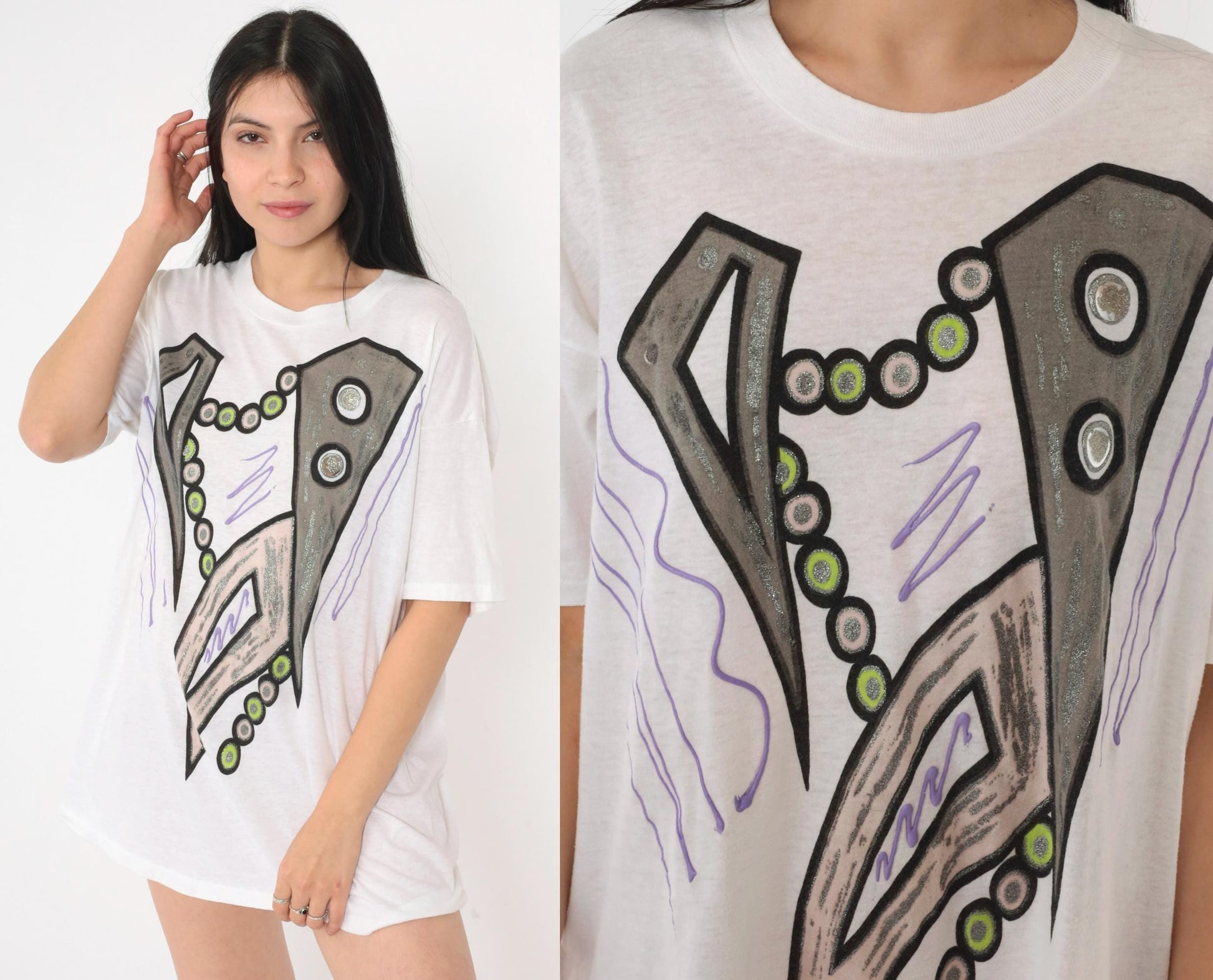 90s Abstract Geometric Glitter Paint T-Shirt White Single Stitch Large L