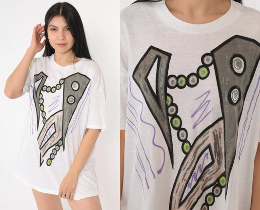 90s Abstract Geometric Glitter Paint T-Shirt White Single Stitch Large L
