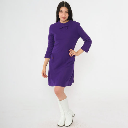 60s Purple Wool Shift Dress Bow Neck Mini 3/4 Sleeve Small