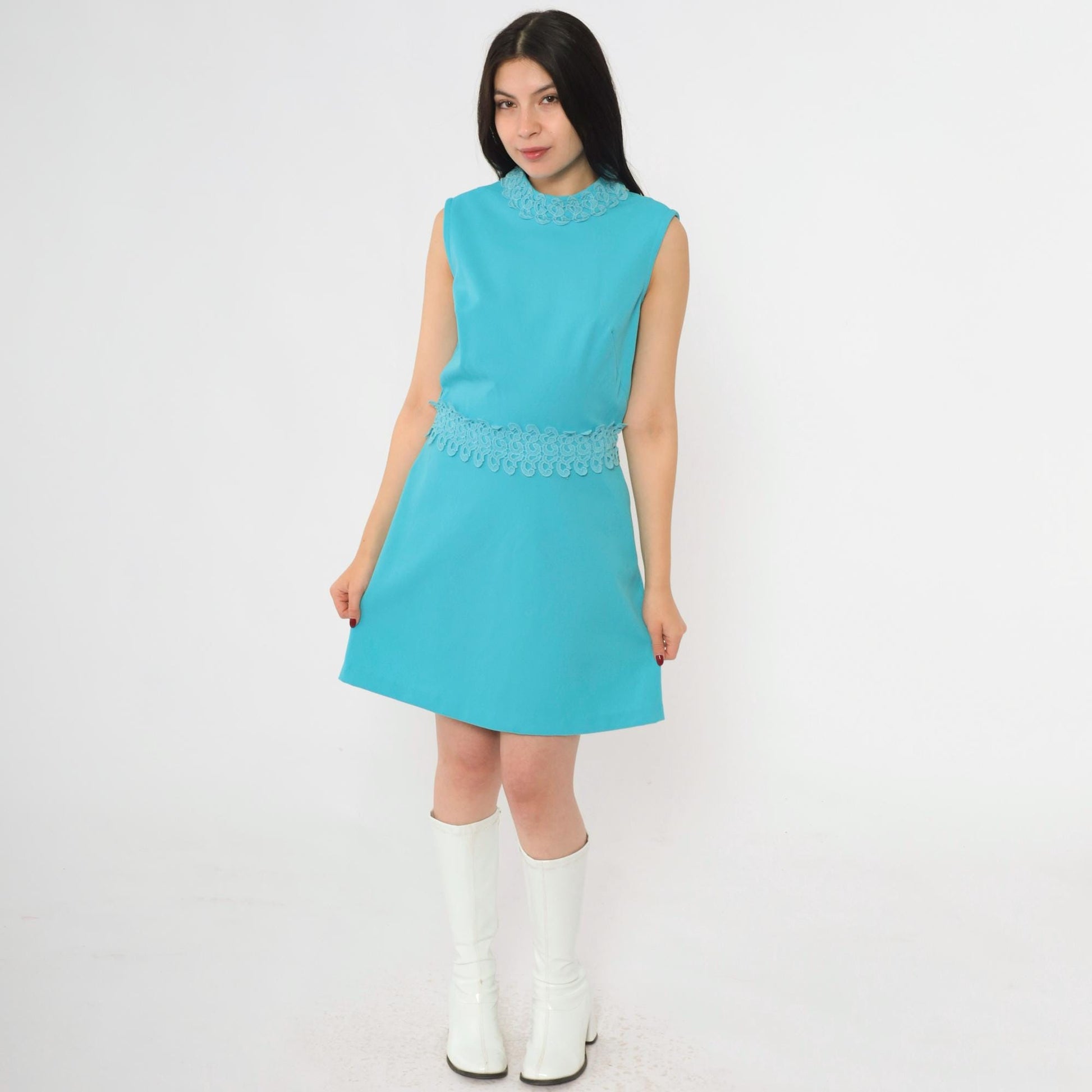 1960s Blue Lace Trim Mock Neck Shift Minidress Small S