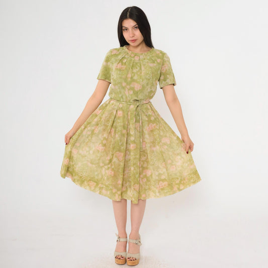 1960s Jean Lang Floral Pleated Day Dress Green Pink Knee-Length Small