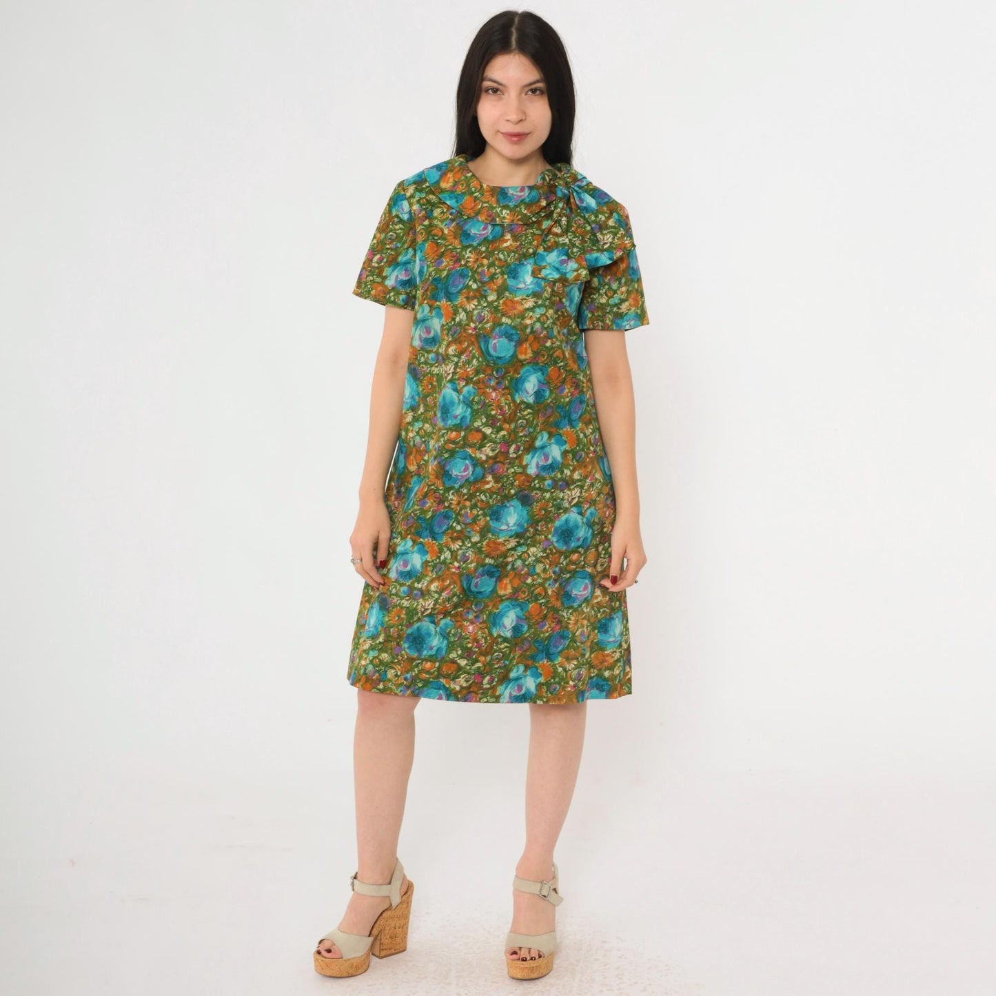 1960s Green Floral Shift Dress Bow Collar Knee-Length Medium M