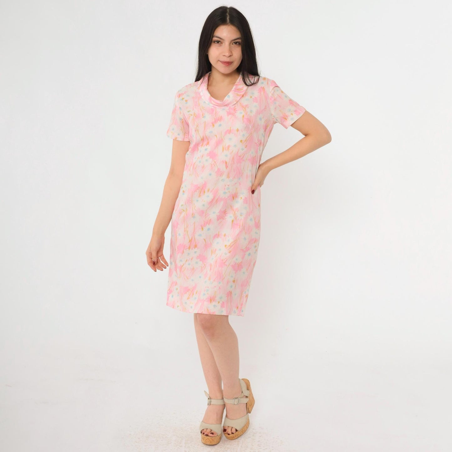 60s Pink Abstract Floral Shift Dress Cowl Neck Short Sleeve Small