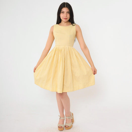 60s Yellow Striped Fit and Flare Mini Dress High Waist Pleated Sleeveless XXS