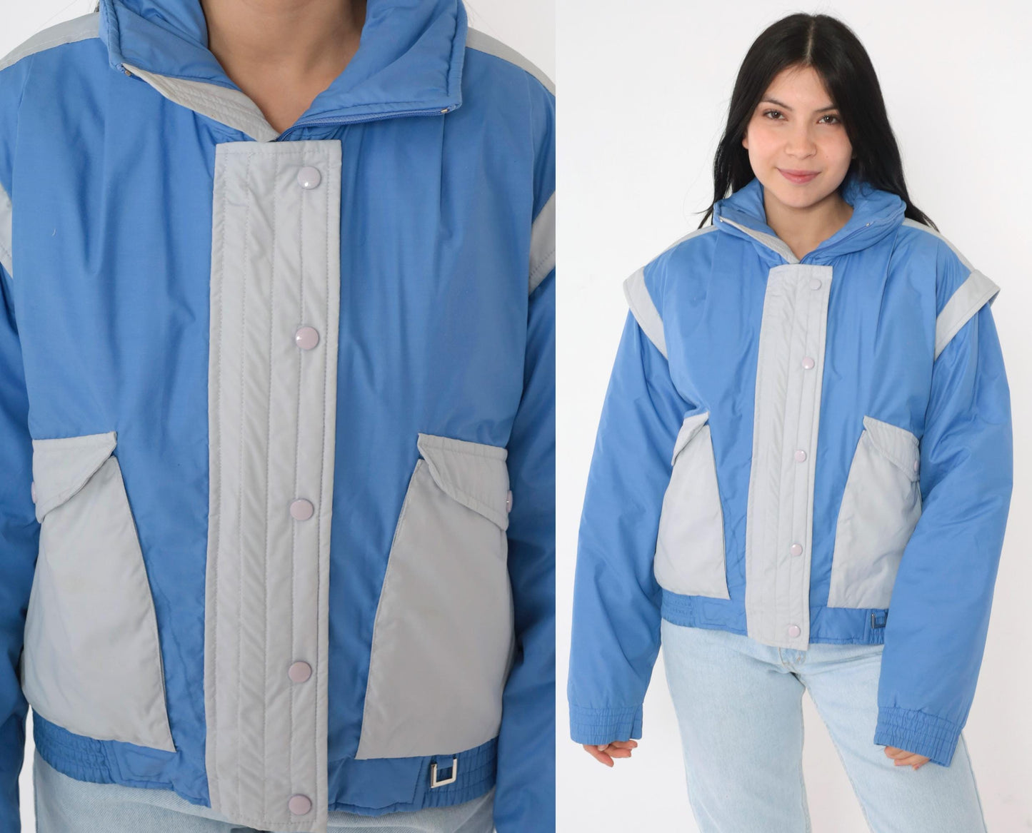 80s Prima Blue Grey Color Block Puffer Ski Jacket Zip Snap Medium M
