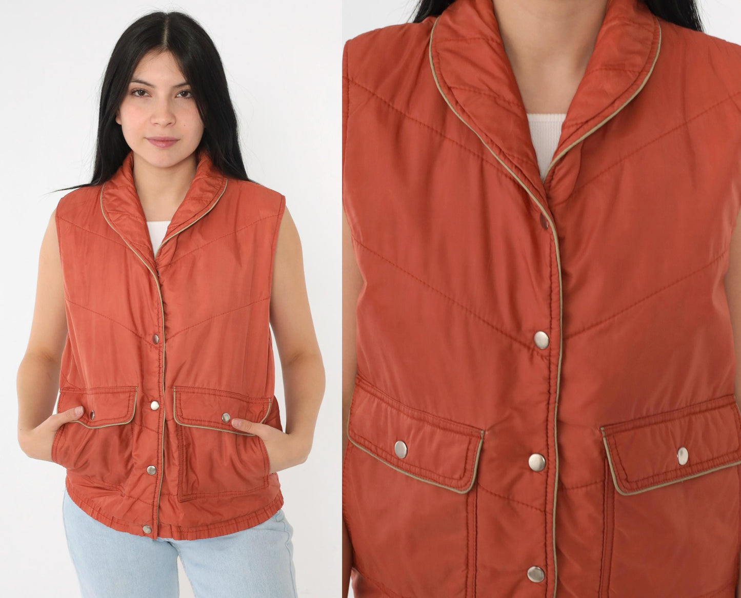 80s Rust Puffer Vest Chevron Stitching Snap Closure Sleeveless Medium M
