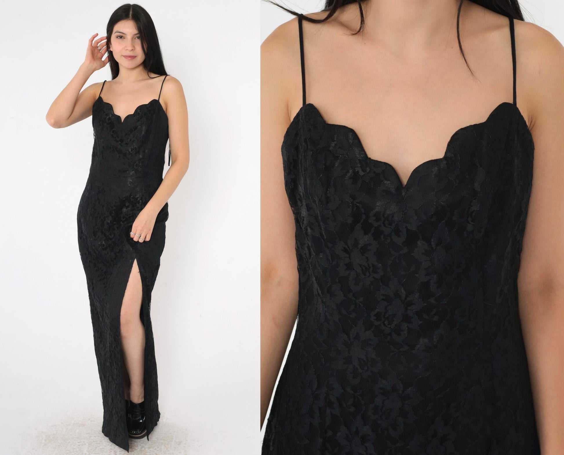 90s Black Lace Maxi Dress Sweetheart Neckline High Slit Spaghetti Strap Small