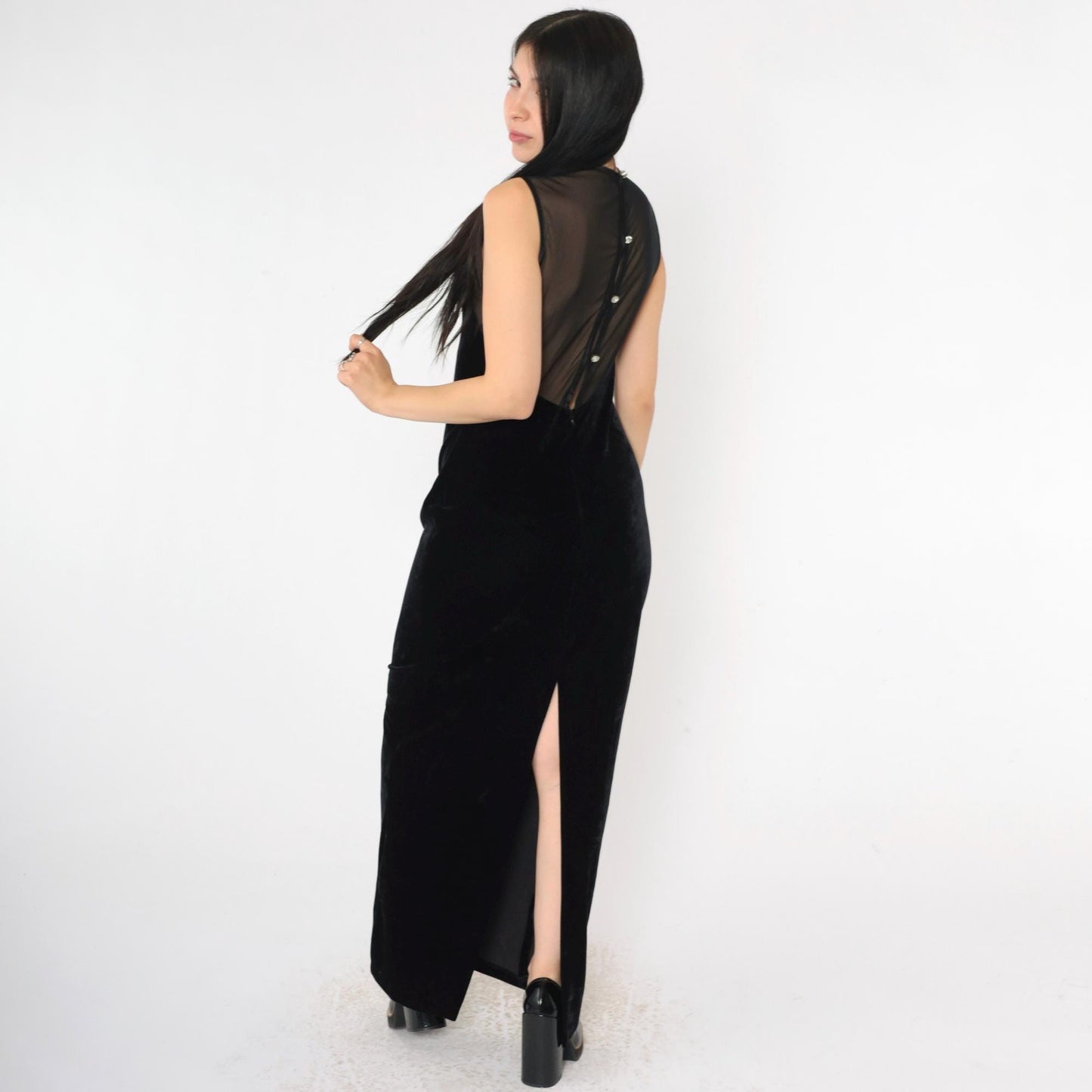 90s Jessica Howard Black Velvet Maxi Dress Sheer Mesh Back Rhinestone Small