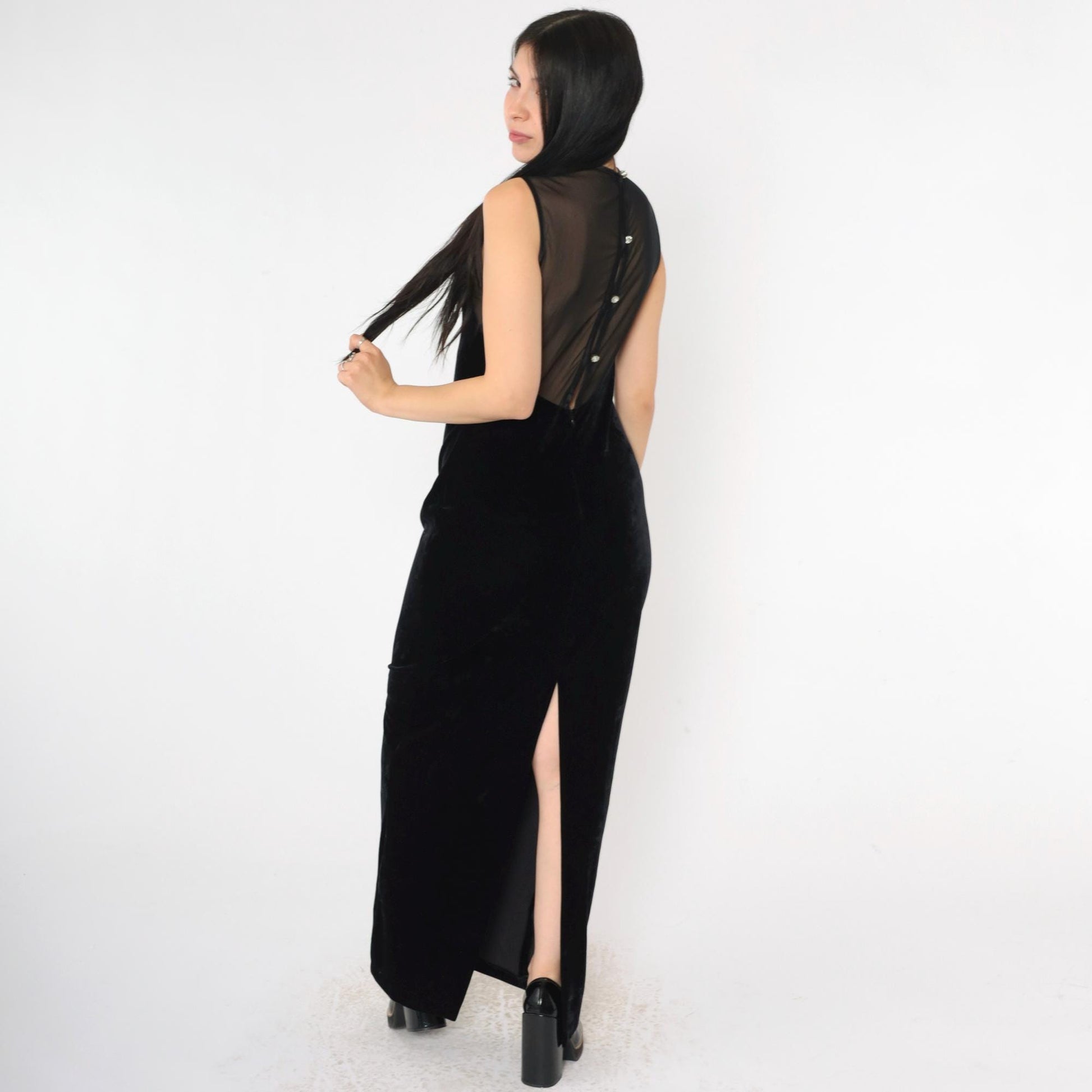 90s Jessica Howard Black Velvet Maxi Dress Sheer Mesh Back Rhinestone Small