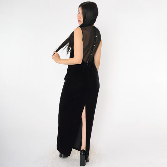 90s Jessica Howard Black Velvet Maxi Dress Sheer Mesh Back Rhinestone Small