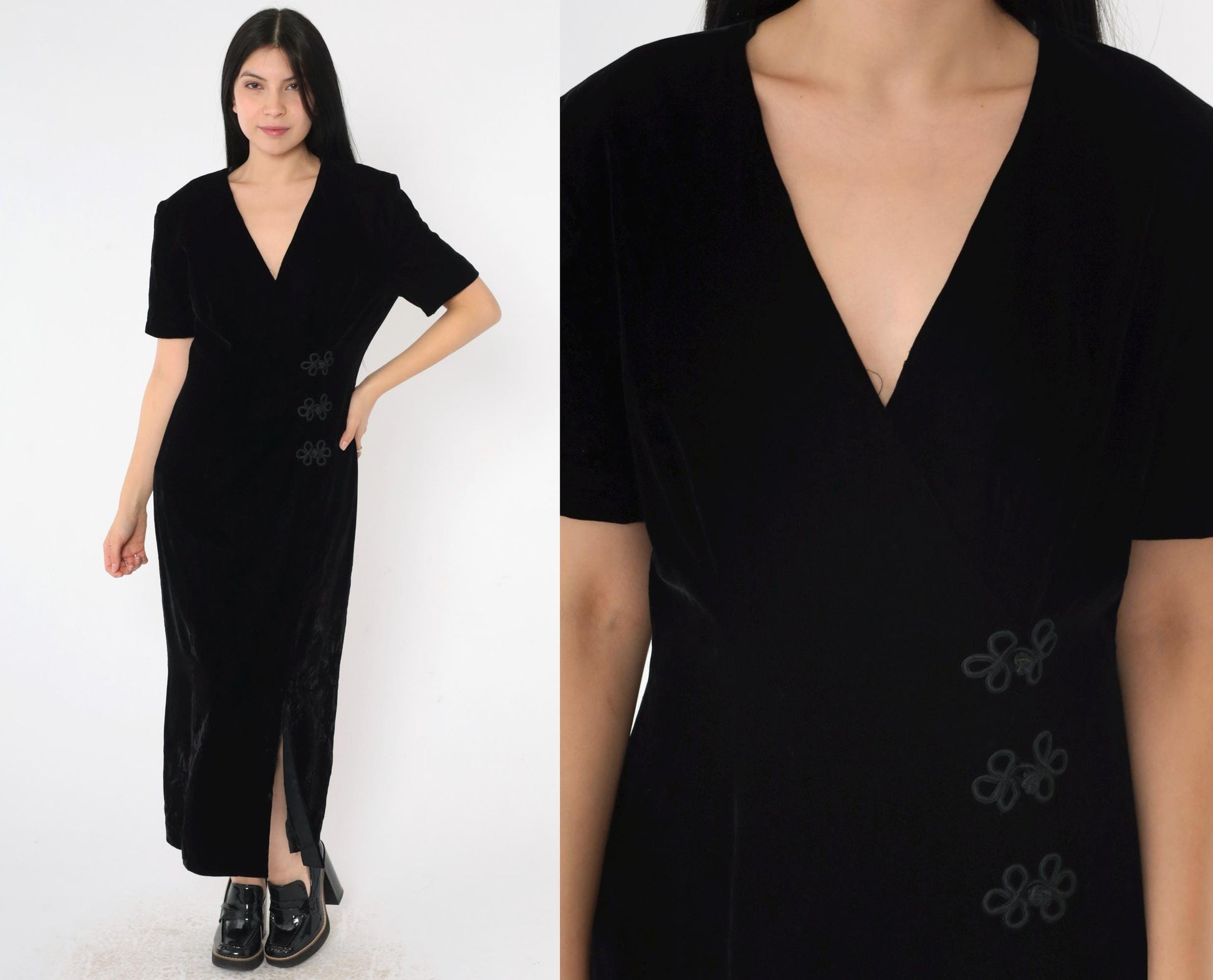 90s Talbots Black Velvet V-Neck Midi Dress Frog Closures Small 6
