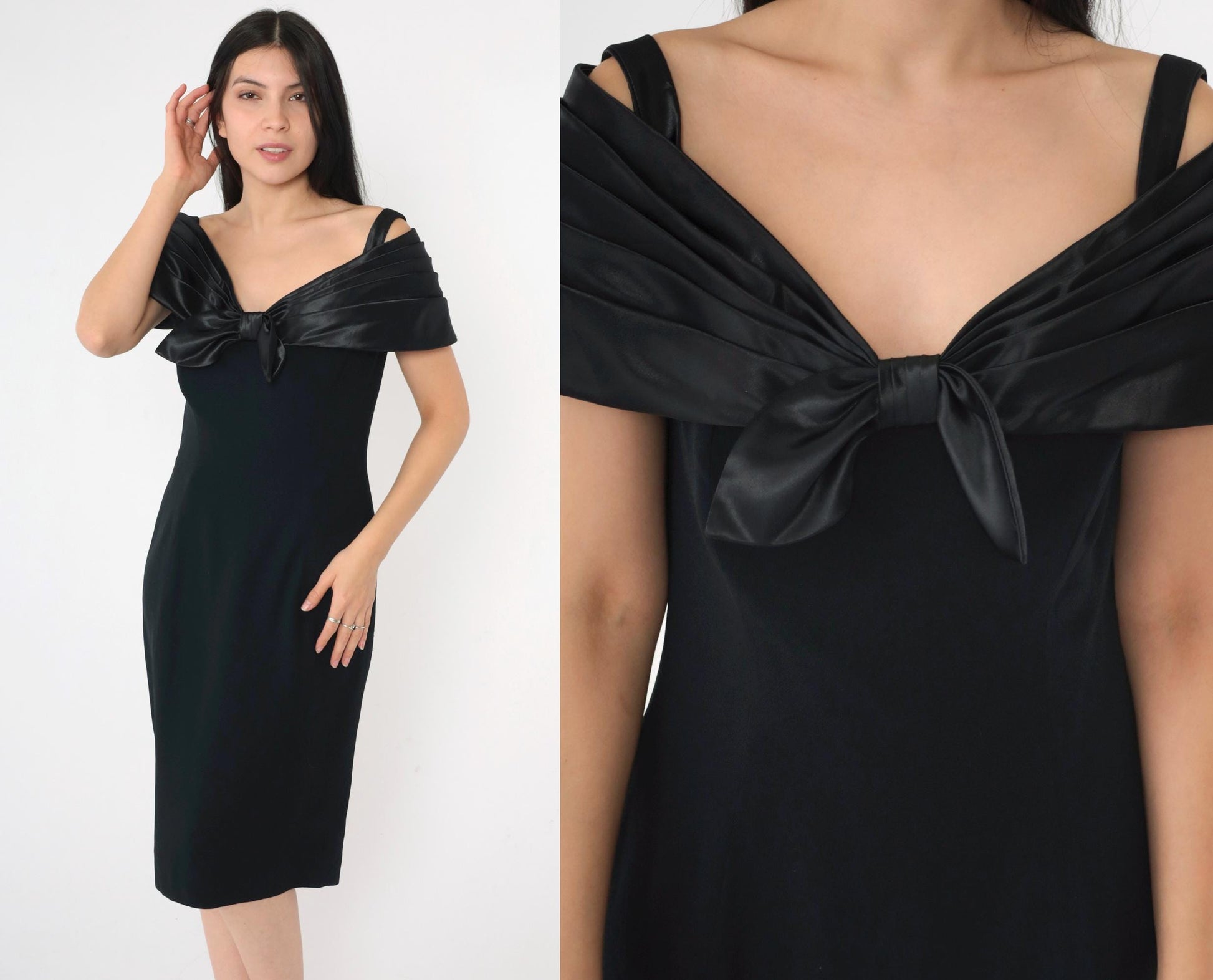 90s Black Off-Shoulder Bow Cocktail Dress Midi Sheath Medium 8